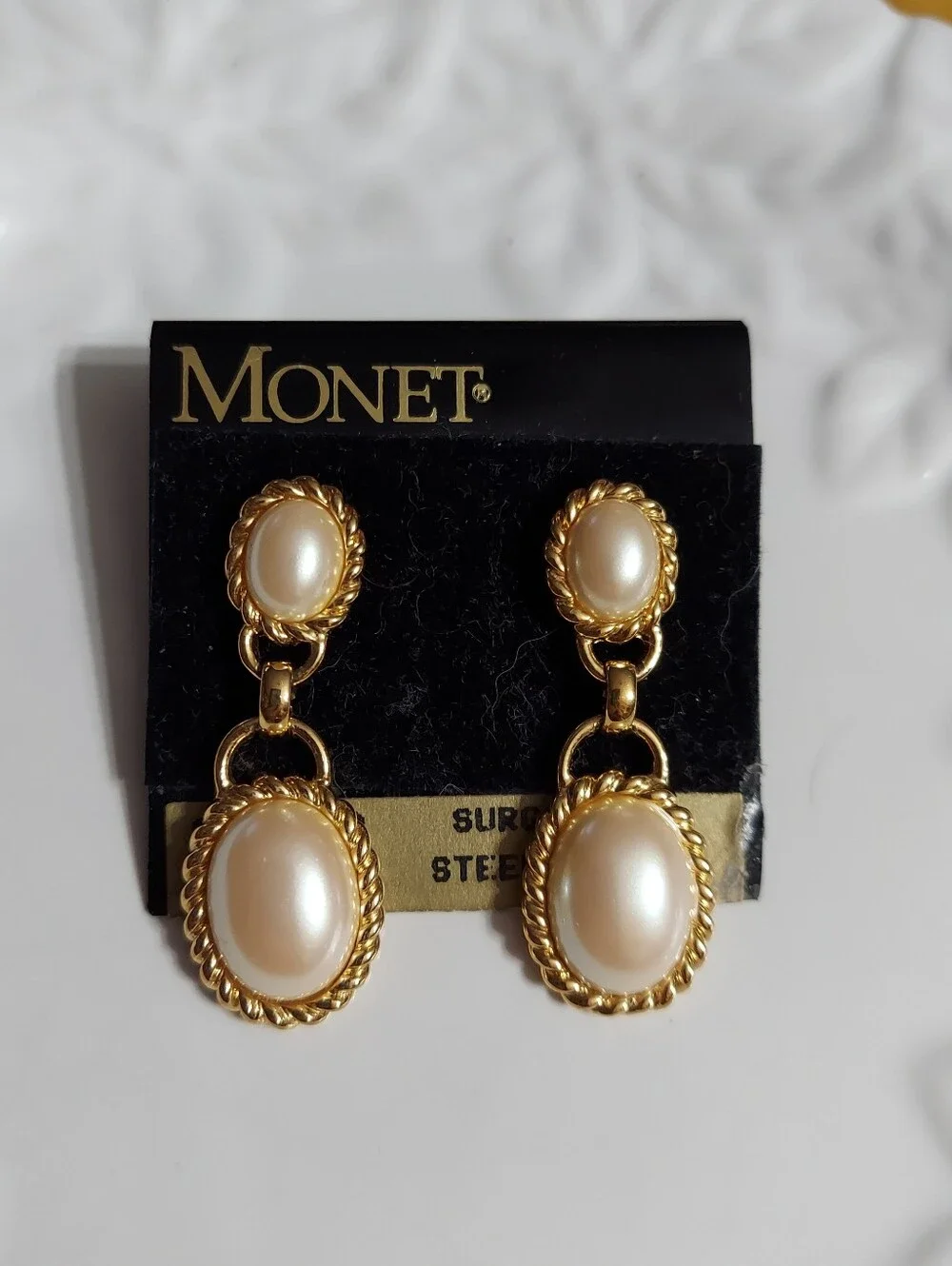 Monet Vintage Textured Gold Tone/Oval Faux Pearl Dbl Drop Earrings